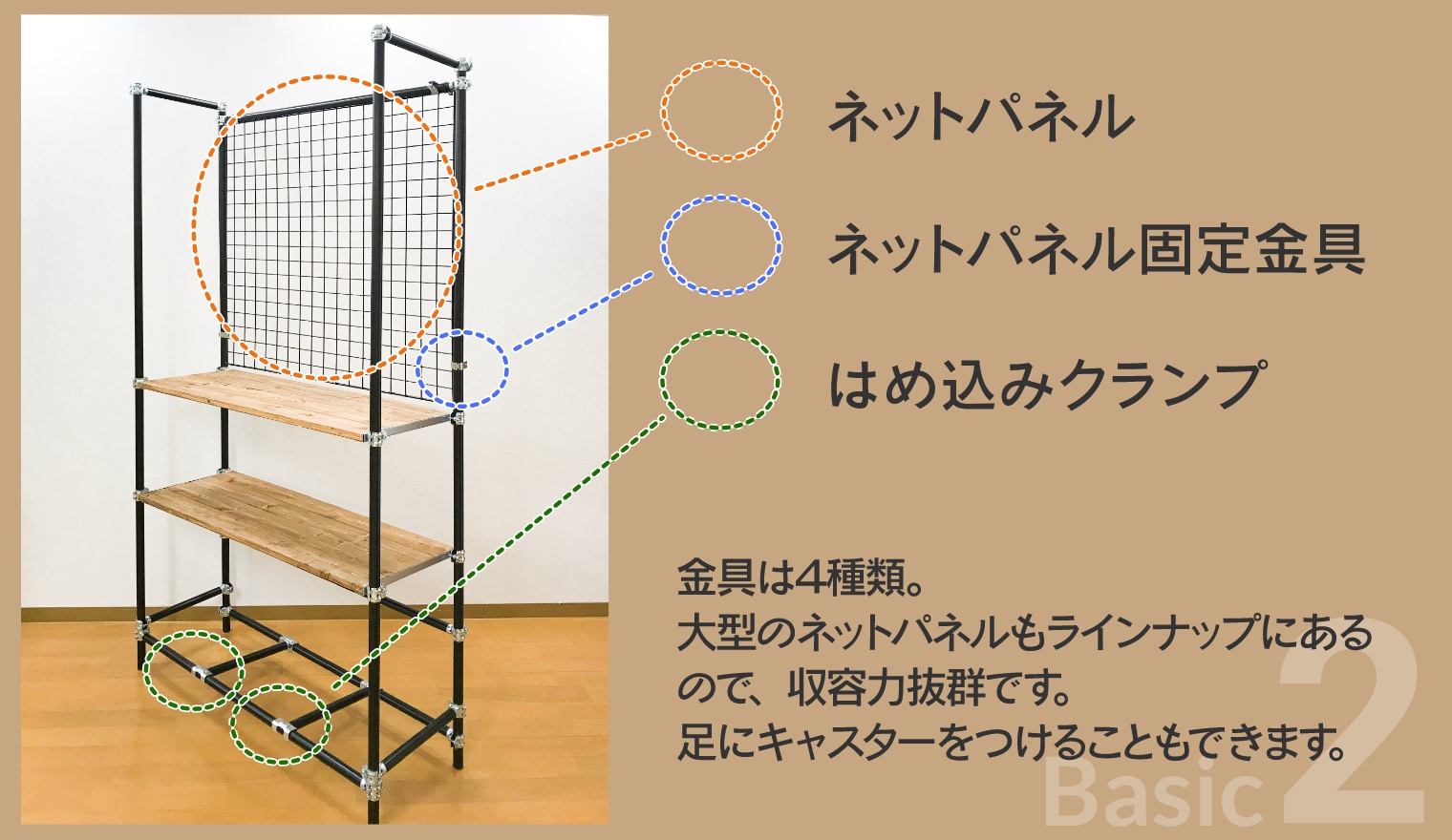 アリスト基本2　（ネットパネル・ネットパネル固定金具・はめ込みクランプ）金具は4種類。大型のネットパネルもラインナップにあるので収納力抜群です。足にキャスターをつけることもできます。