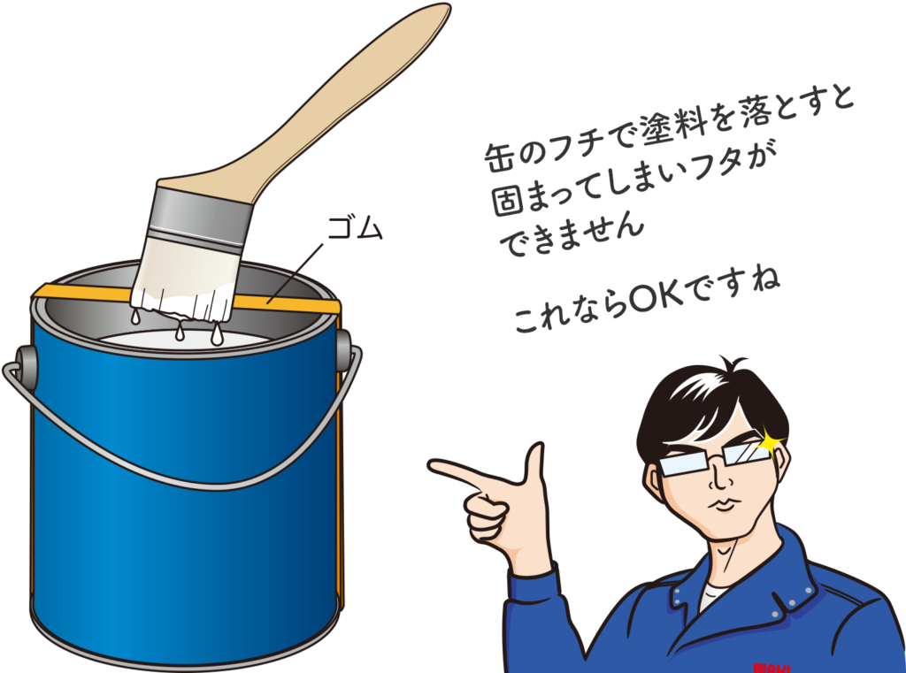 缶に輪ゴムをかけて塗料を落としているイラストと「缶のフチで塗料を落とすと固まってしまいフタができません。これならOKですね」とMr.DIYが言っている