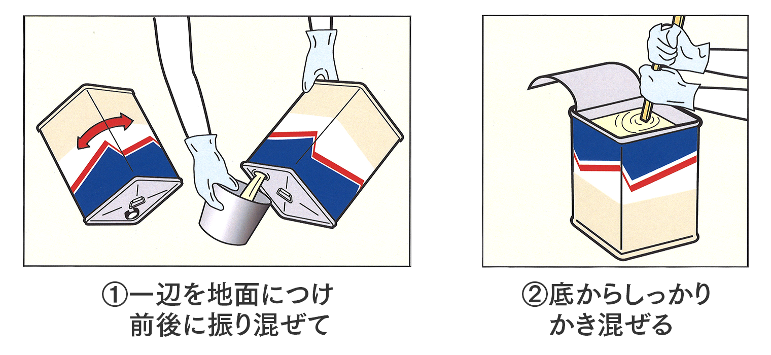 一辺を地面につけ前後に振り混ぜて、底からしっかりかき混ぜる