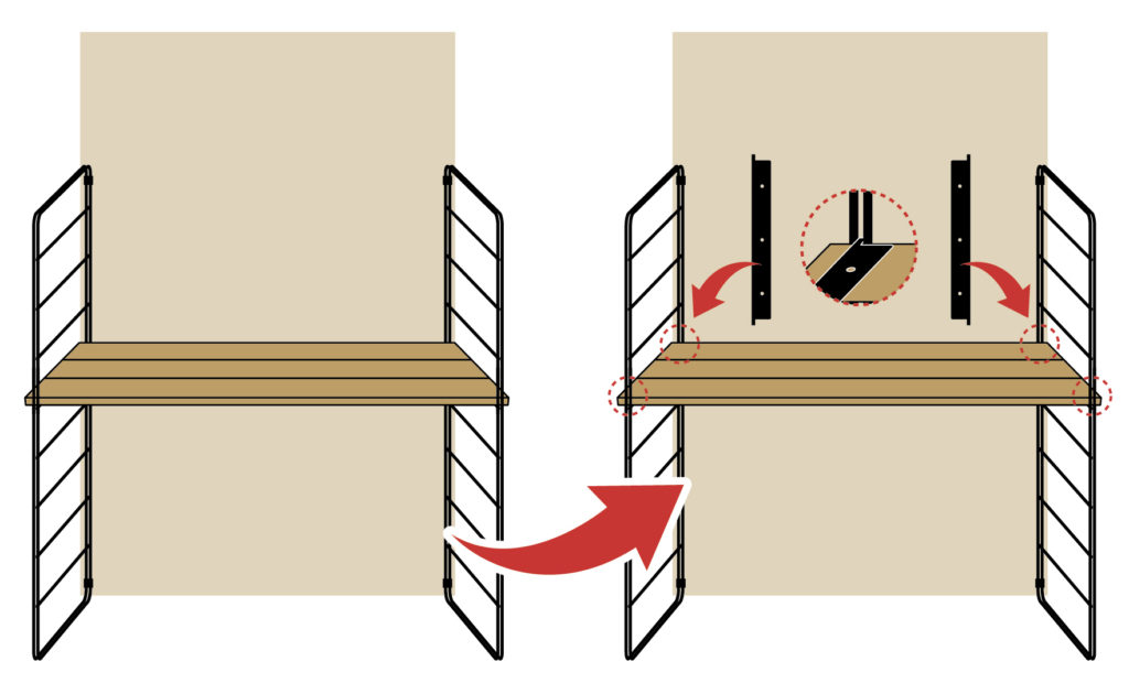 ①棚板をパネルに渡し、先に棚固定金具の突起部をパネルの溝にはめ込む。