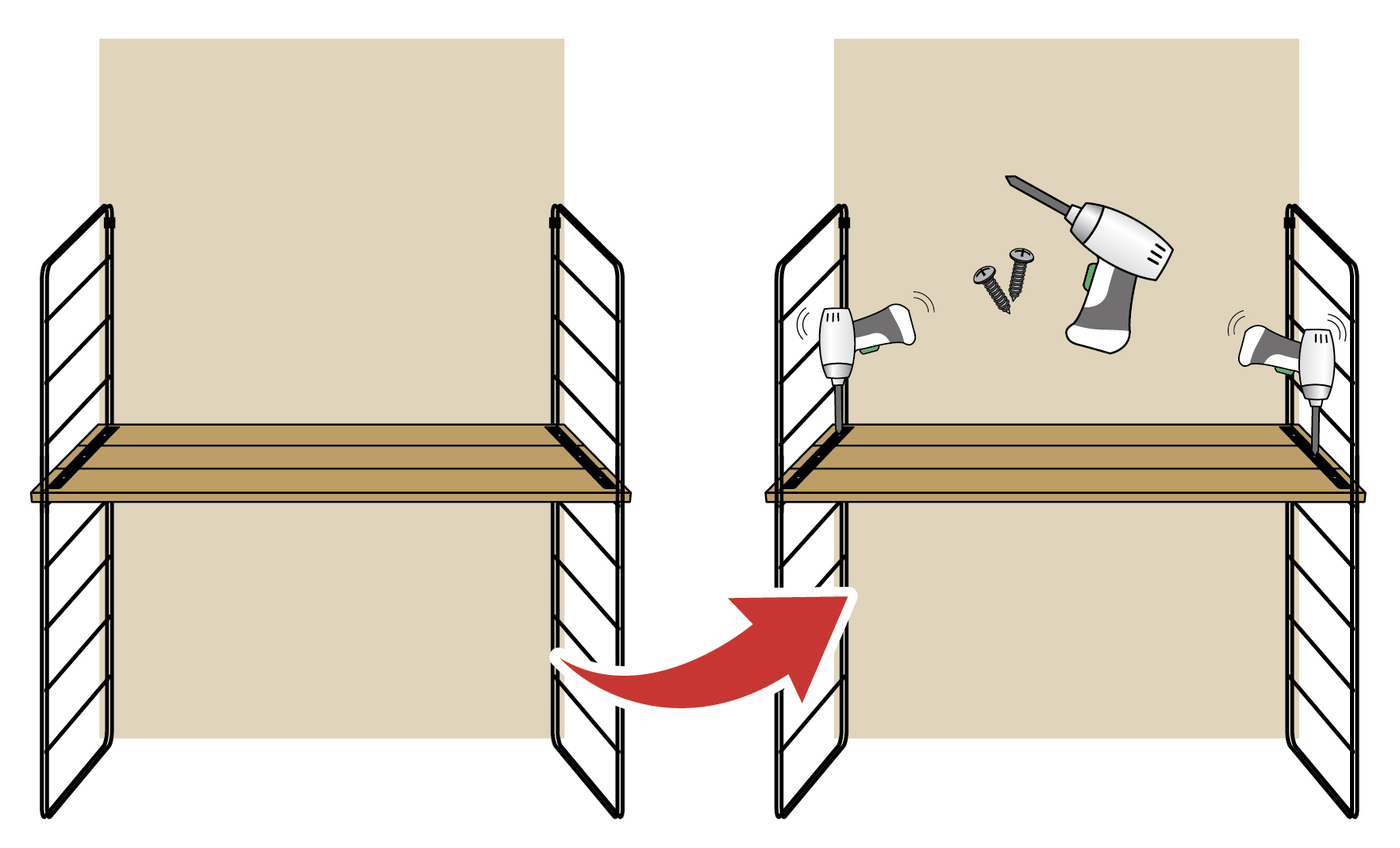 ②付属のビスで棚固定金具を棚板に固定する。