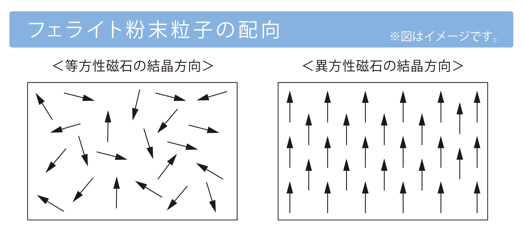 フェライト粉末粒子、等方性と異方性の結晶方向の違い