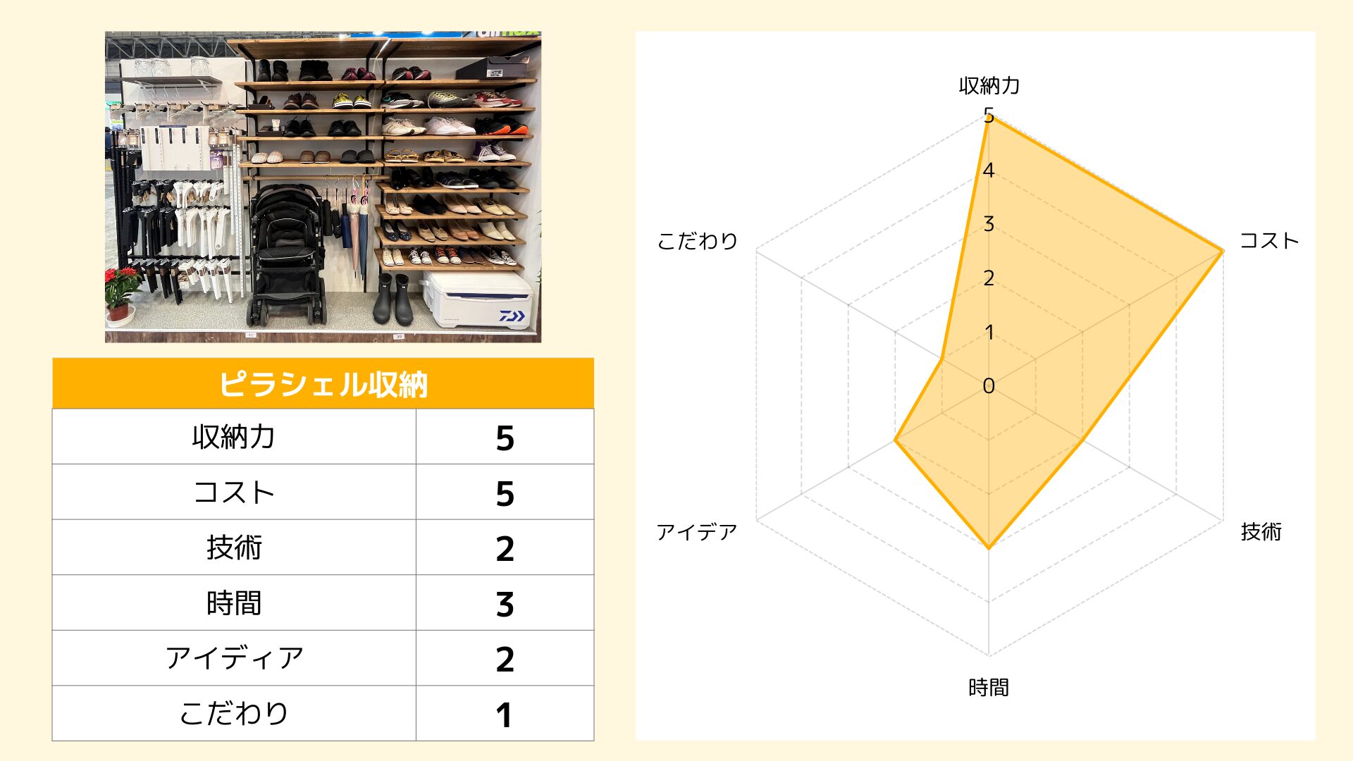 靴ピラシェル収納レーダーチャート