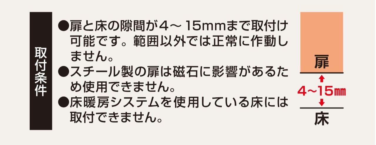 取付条件
●扉と床の隙間が4~15mmまで取付け可能です。範囲以外では正常に作動しません。
●スチール製の扉は磁石に影響があるため使用できません。
●床暖房システムを使用している床には取付けできません。