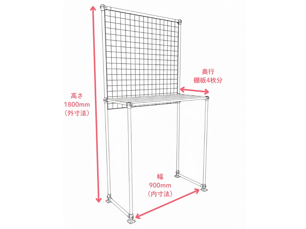 高さ1800、幅900、奥行棚板4枚分の設計イメージ図