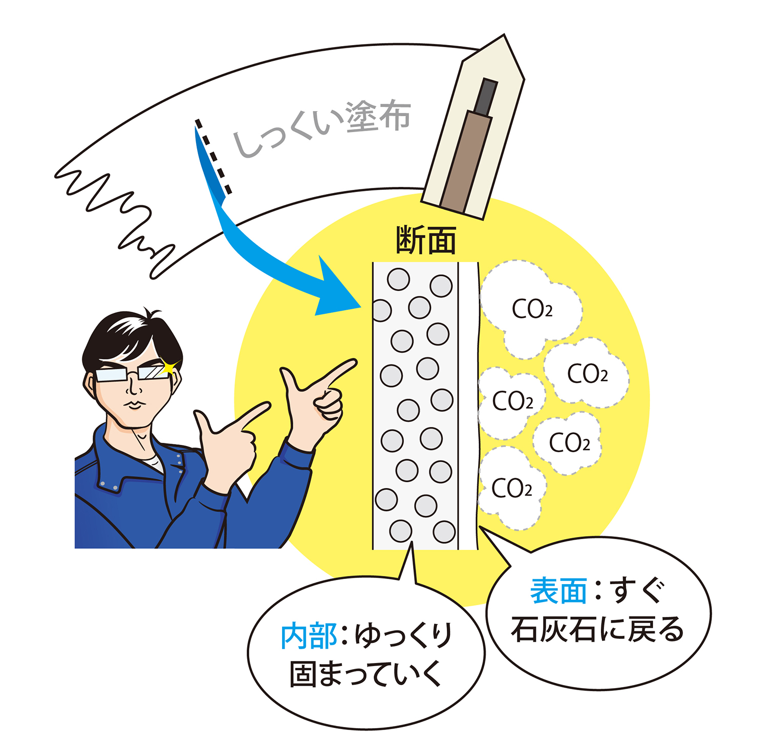 しっくいを塗ると、表面はすぐに二酸化炭素に触れるから石灰石に戻る。しかし芯の部分は表面が硬化しているから二酸化炭素は入りにくい。ものすごい年月をかけて、ゆっくりゆっくり固まっていくので、強アルカリ性は長い年月残り続ける。