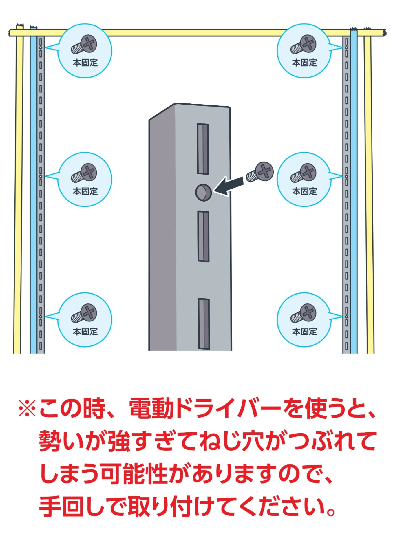 外したねじで棚柱を再度固定するイラスト
この時、電動ドライバーを使うと、勢いが強すぎてねじ穴がつぶれてしまう可能性がありますので、手回しで取り付けてください。