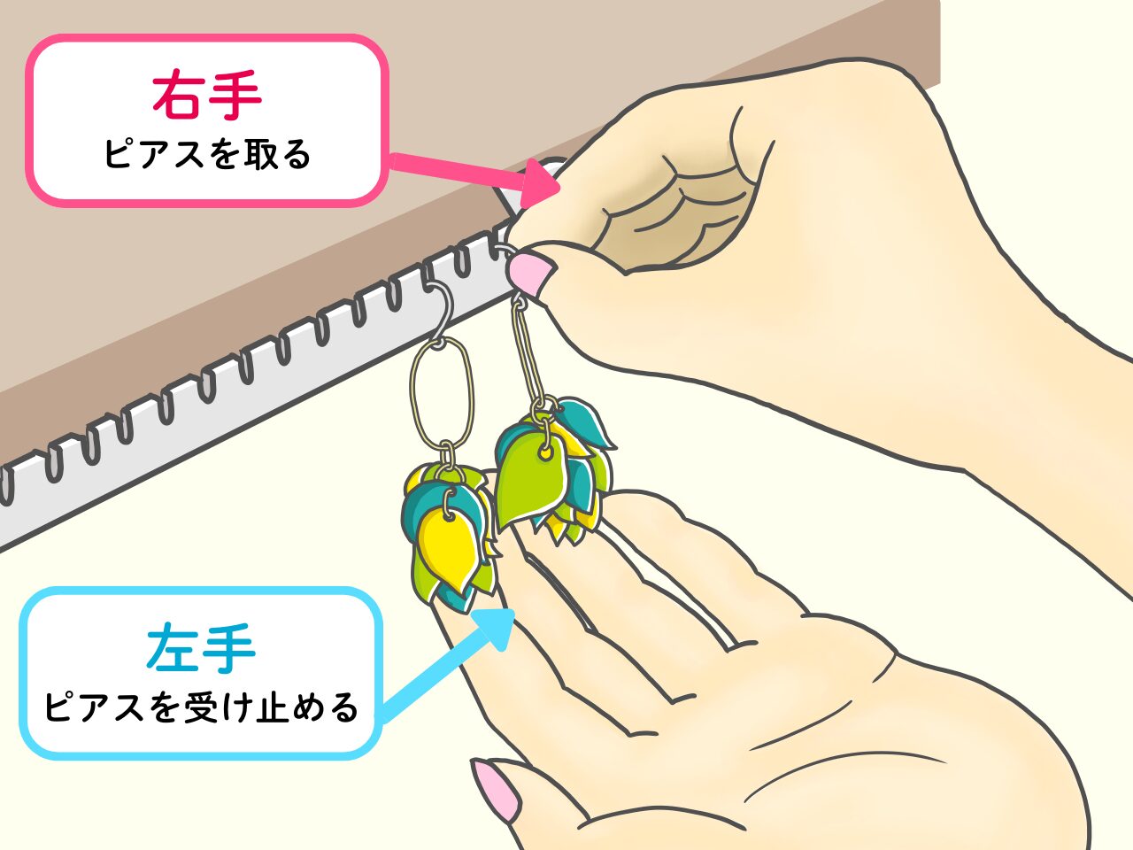 キャッチレスのピアスも取り出しやすく工夫した鈴木さん 右手でピアスをとり左手でピアスを受け止めることができるようにしました
